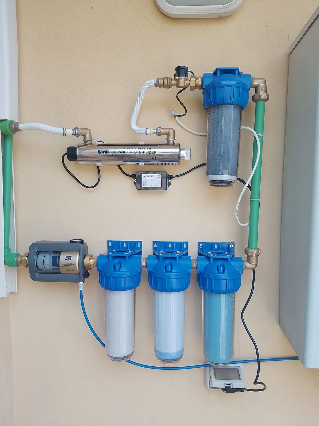 Wall-mounted filter housings with a UV steriliser